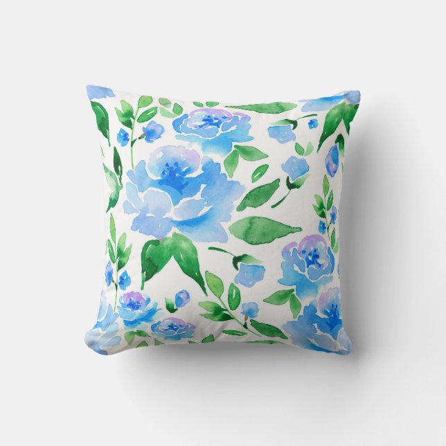 Watercolor blue flowers throw pillow (Front)