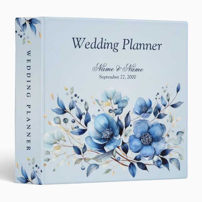 Watercolor Blue Flowers Wedding Planner Binder (Front/Spine)