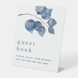 Watercolor Blue Foliage Guest Book Wedding Pedestal Sign