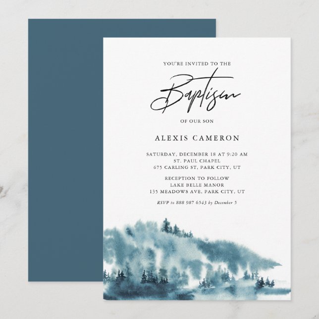 Watercolor Blue Forest Winter Baptism Invitation (Front/Back)