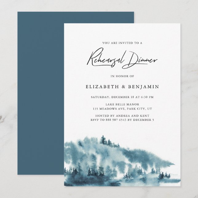 Watercolor Blue Forest Winter Rehearsal Dinner Invitation (Front/Back)