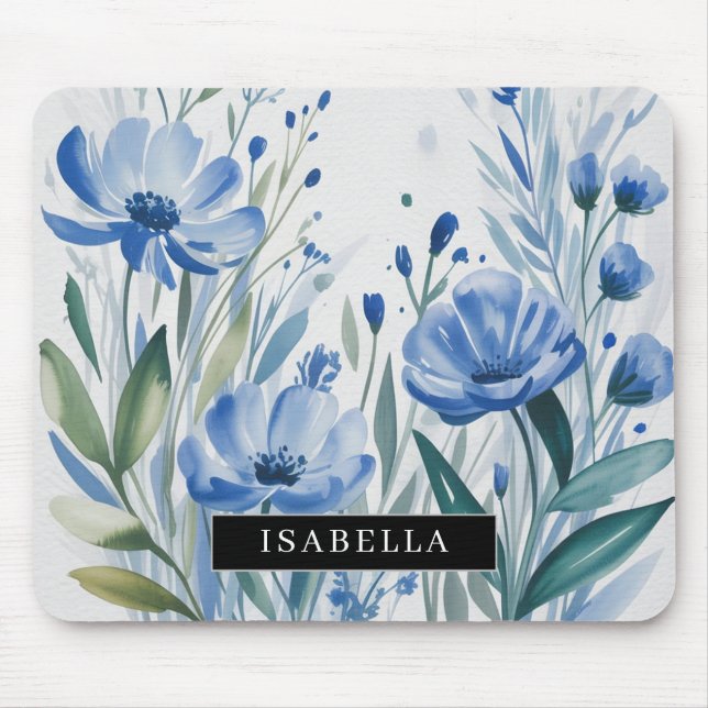 Watercolor Blue Garden Florals Mouse Pad (Front)