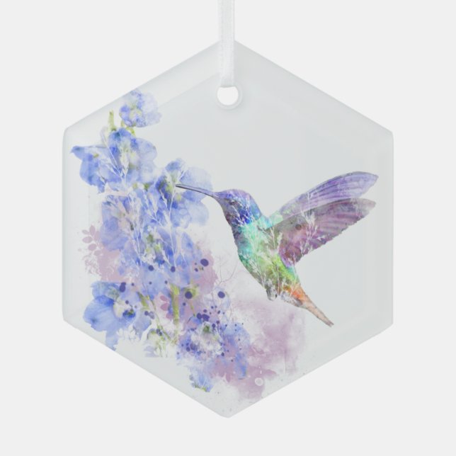 Watercolor Blue Garden Flower Hummingbird Bird Glass Ornament (Front)