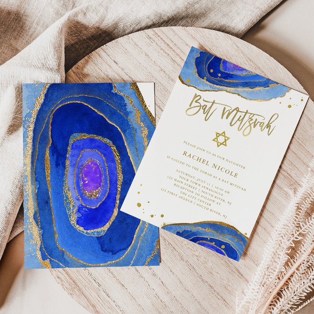 Watercolor Blue Geode with Gold | Bat Mitzvah Invitation (Creator Uploaded)