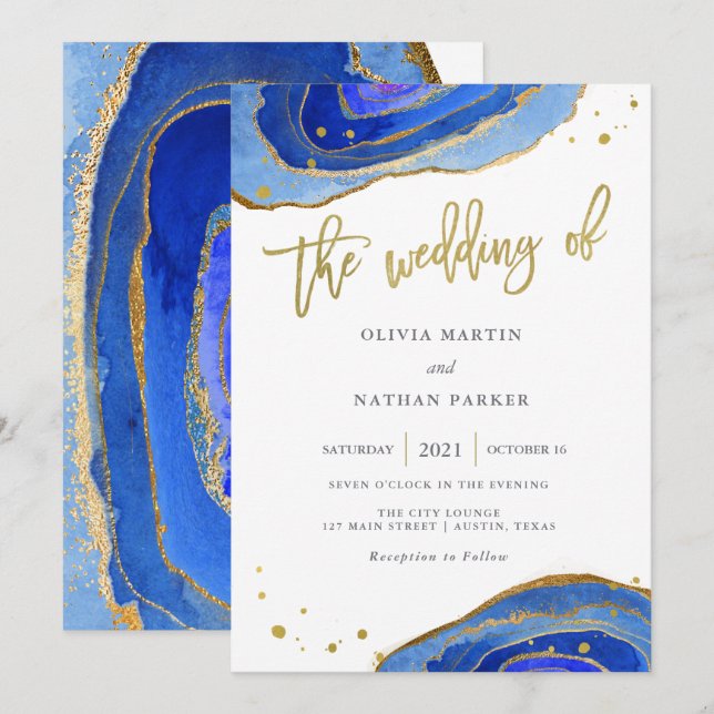 Watercolor Blue Geode with Gold | Wedding Invitation (Front/Back)