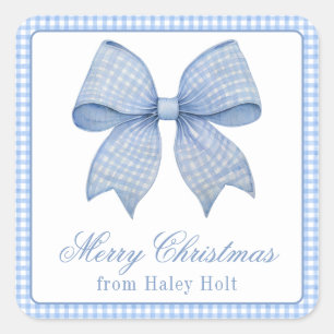 Watercolor Blue Gingham Bow Square Sticker