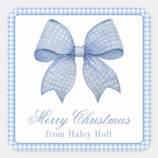 Watercolor Blue Gingham Bow Square Sticker (Front)
