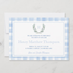 Watercolor Blue Gingham Laurel Crest Announcement