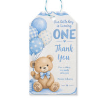 Watercolor Blue Gingham Little Bear 1st Birthday