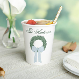 Watercolor Blue Gingham Sash Wreath Paper Cups