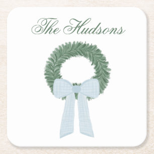 Watercolor Blue Gingham Sash Wreath Square Paper Coaster