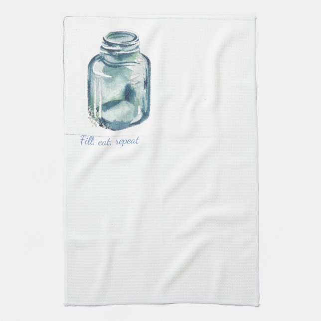 Watercolor blue glass canning jar. Kitchen towel (Vertical)