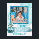 Watercolor Blue Glitter Foil Christmas | PHOTO Postcard<br><div class="desc">Lovely modern personalized turquoise blue Merry Christmas postcards.  Watercolor background with faux blue foil brush stroke with large ornament.  Back has faux blue turquoise glitter.  Personalize by adding family names,  date,  text message and your PHOTO / picture.</div>