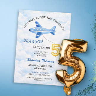 Watercolor Blue & Gold Airplane 5th Birthday Invitation