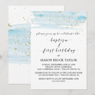 Watercolor Blue & Gold Baptism & 1st Birthday Invitation