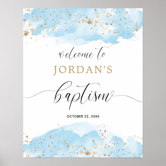 Watercolor blue gold boy baptism welcome sign (Front)
