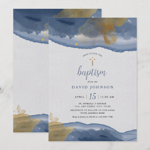 Watercolor Blue Gold Boys Baptism Invitation