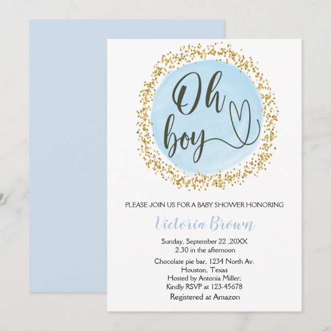 Watercolor Blue Gold Confetti Baby Shower Oh boy Invitation (Front/Back)