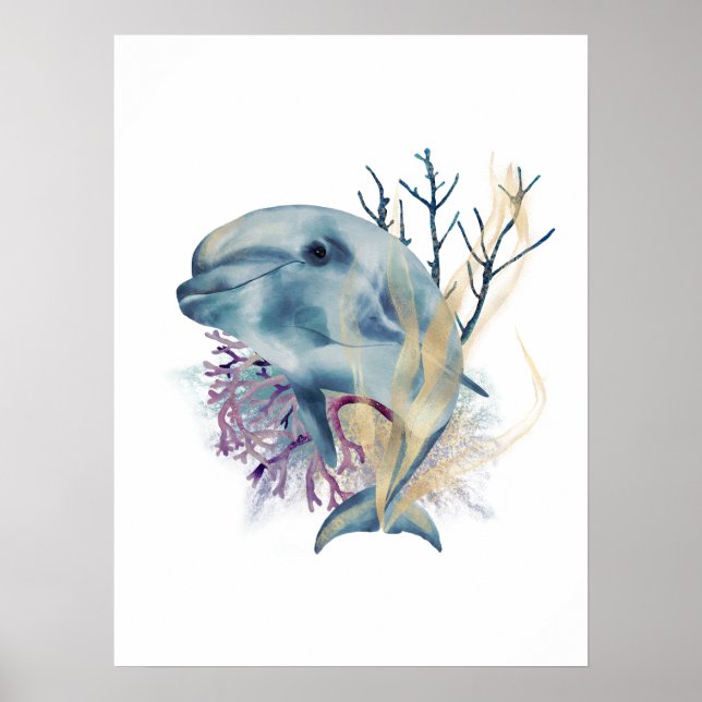 Watercolor Blue & Gold Dolphin Wall Art Poster (Front)