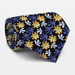Watercolor Blue Gold Flower Botanical Tie