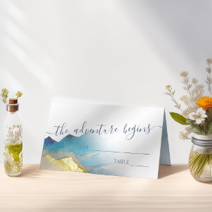 Watercolor Blue Gold Foil Mountain Outdoor Wedding Place Card