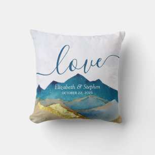 Watercolor Blue Gold Foil Mountain Outdoor Wedding Throw Pillow