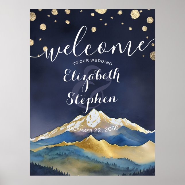Watercolor Blue Gold Foil Mountain Wedding Welcome Poster (Front)
