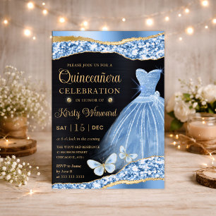 Watercolor Blue & Gold Glitter Dress Quinceanera Invitation