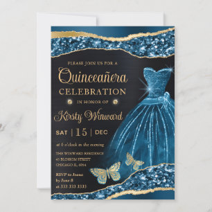 Watercolor Blue & Gold Glitter Dress Quinceanera Invitation