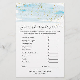 Watercolor Blue & Gold Guess The Right Price Game Flyer