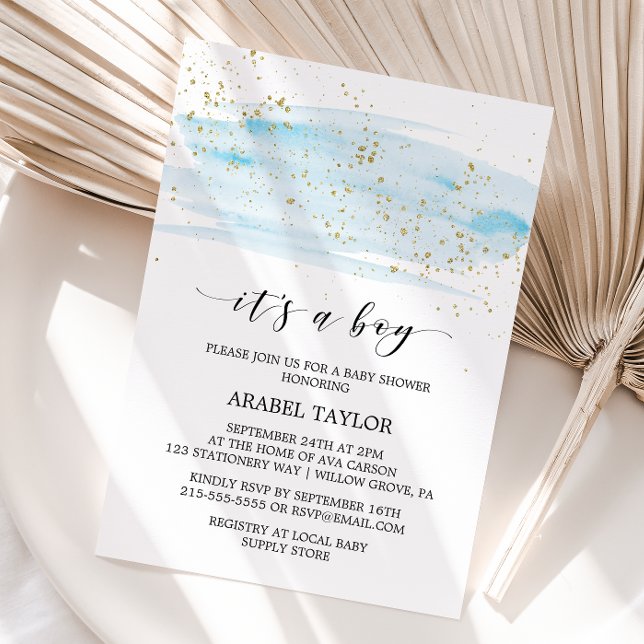 Watercolor Blue & Gold It's A Boy Baby Shower Invitation (Creator Uploaded)