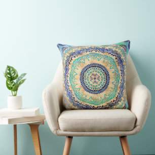 Watercolor Blue Gold Mandala Throw Pillow