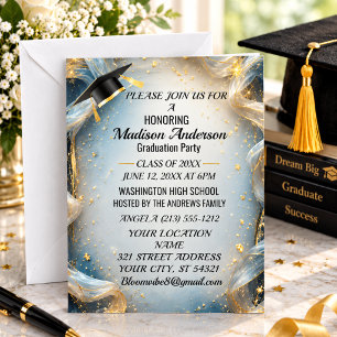 Watercolor Blue Gold Marble Agate Graduation Party Card