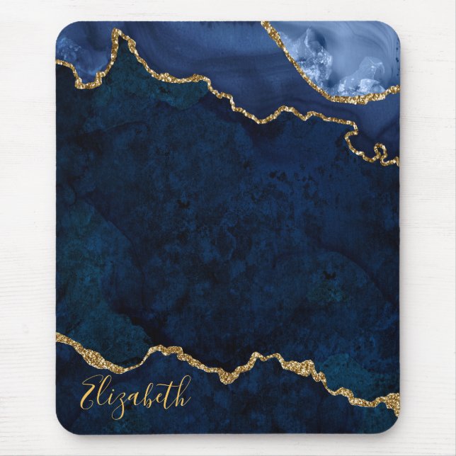 Watercolor Blue Gold Marble Geode Agate Mouse Pad (Front)