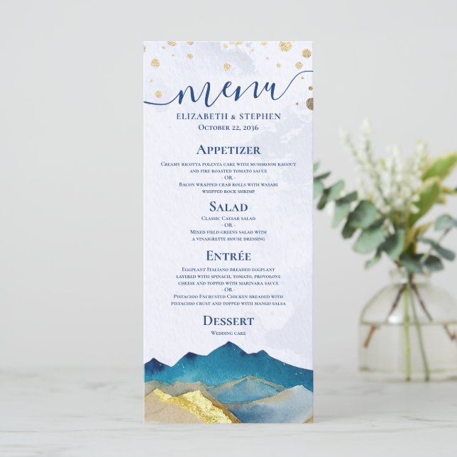 Watercolor Blue Gold Mountain Outdoor Wedding Menu (Standing Front)