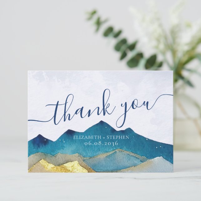 Watercolor Blue & Gold Mountains Wedding Thank You (Standing Front)