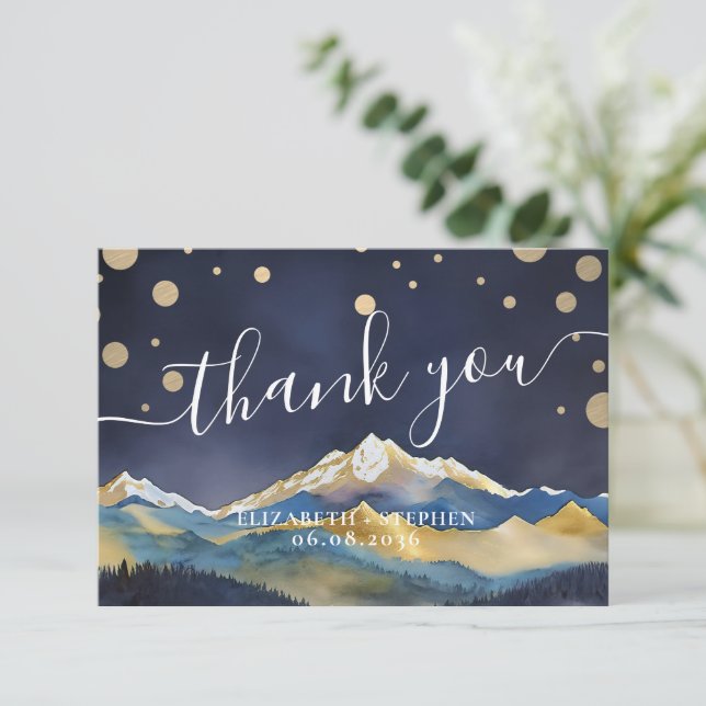 Watercolor Blue & Gold Mountains Wedding Thank You (Standing Front)