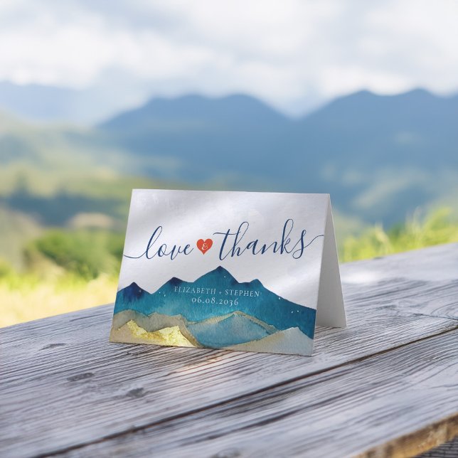 Watercolor Blue & Gold Mountains Wedding Thank You (Creator Uploaded)