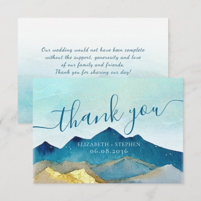 Watercolor Blue & Gold Mountains Wedding Thank You Card (Front/Back)