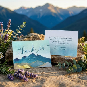 Watercolor Blue & Gold Mountains Wedding Thank You Card
