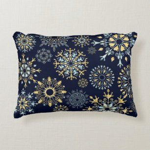 Watercolor Blue Gold Snowflakes Winter Christmass Accent Pillow