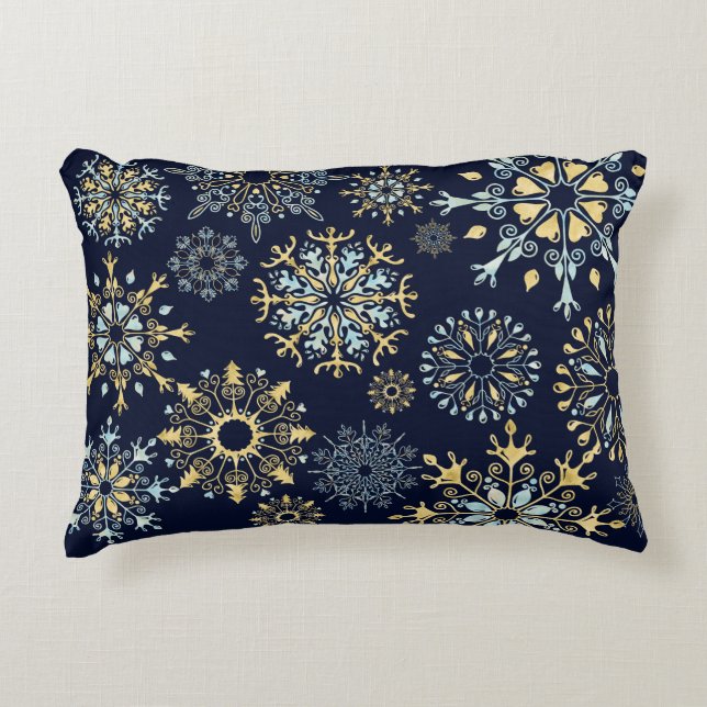 Watercolor Blue Gold Snowflakes Winter Christmass Accent Pillow (Front)