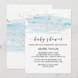 Watercolor Blue & Gold Sparkle Baby Shower Invitation
