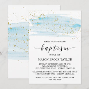 Watercolor Blue & Gold Sparkle Baptism Invitation