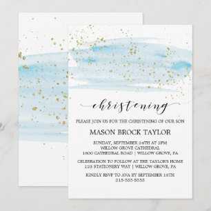 Watercolor Blue & Gold Sparkle Christening Invitation