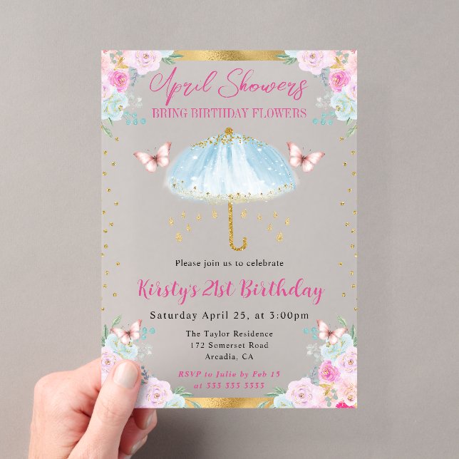 Watercolor Blue Gold Spring Umbrella 21st Birthday Acrylic Invitations (Insitu (Handheld))