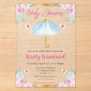 Watercolor Blue Gold Spring Umbrella Baby Shower Acrylic Invitations