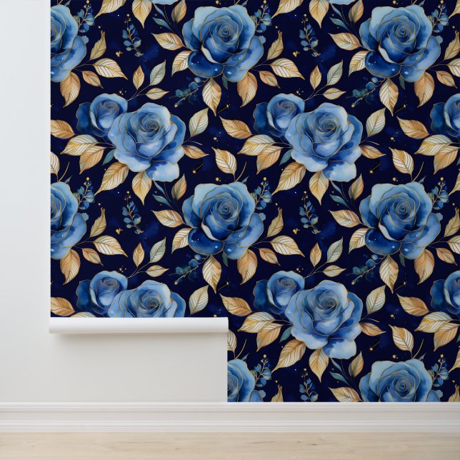 Watercolor Blue Gold Victorian Floral Roses Wallpaper (Application)
