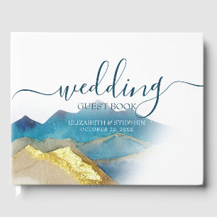 Watercolor Blue Golden Mountain Mariage Livre d'or