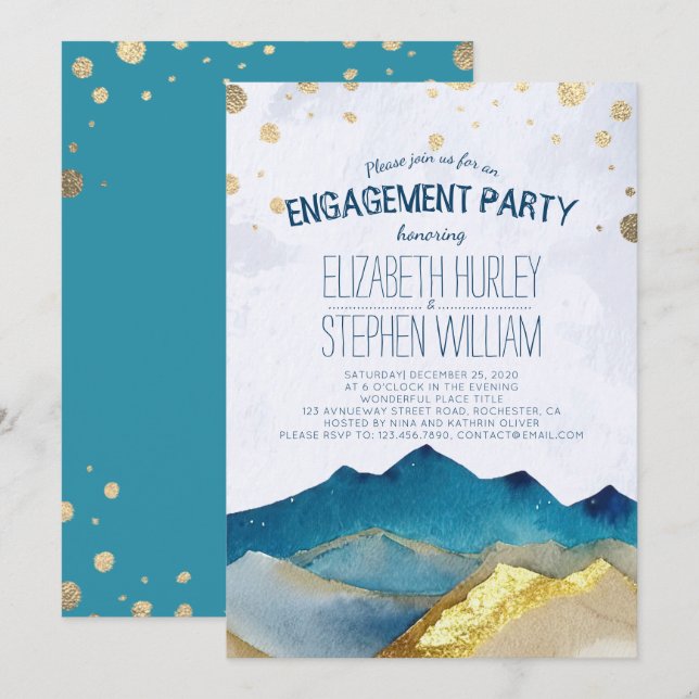 Watercolor Blue Golden Mountains Engagement Party Invitation (Front/Back)
